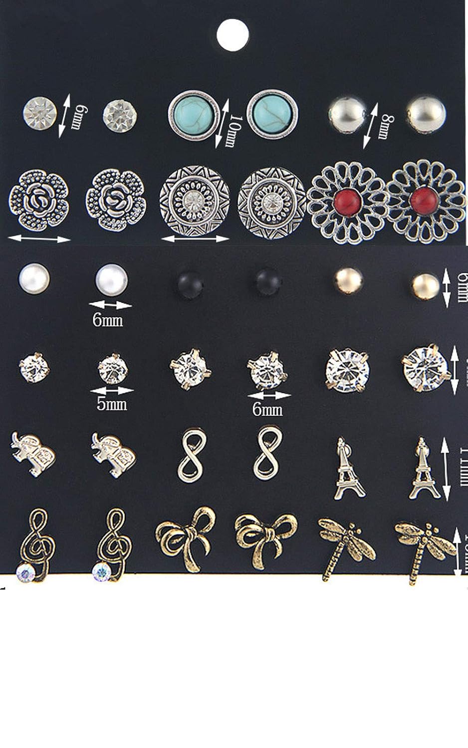 DearShiny Earrings Stud Set 21 Multiple Vintage Rose Daisy Flower Knot Big Loop Cubic Zirconia in Silvery Tone