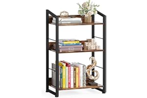 Hosfais Book Shelf Small Bookshelf: 3-Tier Wood Bookcase Industrial Bookshelf with Edge Protection Metal Narrow Bookcase Stor
