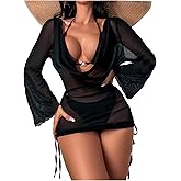 WDIRARA Women's 3 Piece Bikini Set High Cut Halter Swimsuit with Long Sleeve Drawstring Cover Ups