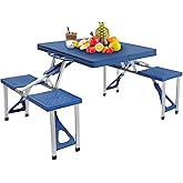 Kcelarec 4FT Portable Folding Camping Picnic Table with Seats Chairs and Umbrella Hole, Lightweight Compact Aluminum Outdoor