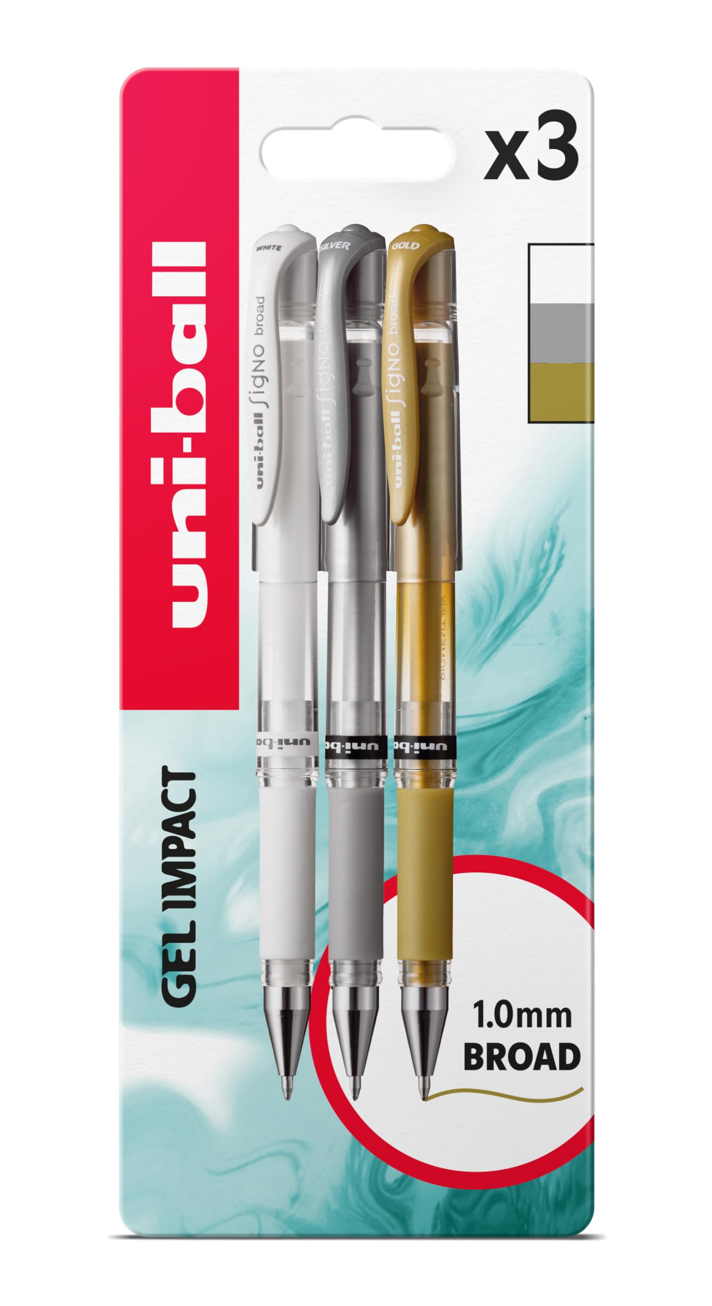 Uni-Ball UM-153 Signo Metallic Rollerball Gel Colouring Pens. Premium Broad 1.0mm Ballpoint Tip. Arts and Crafts for Kids & Adults. Fade & Water Resistant Uni Super Ink. Pack of 3 Gold, Silver, White