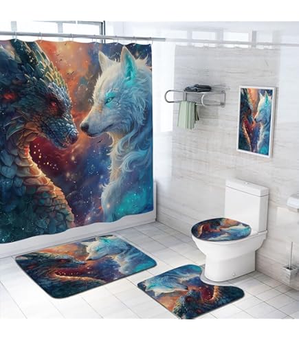 Juego De Cortinas De Ducha De Dinosaurio Con Alfombras Antideslizantes, Juegos De Baño De 4 Piezas Con Alfombras Y Accesorios Para Niños Y Niños, Cubierta De Tapa De Inodoro Y Cortina