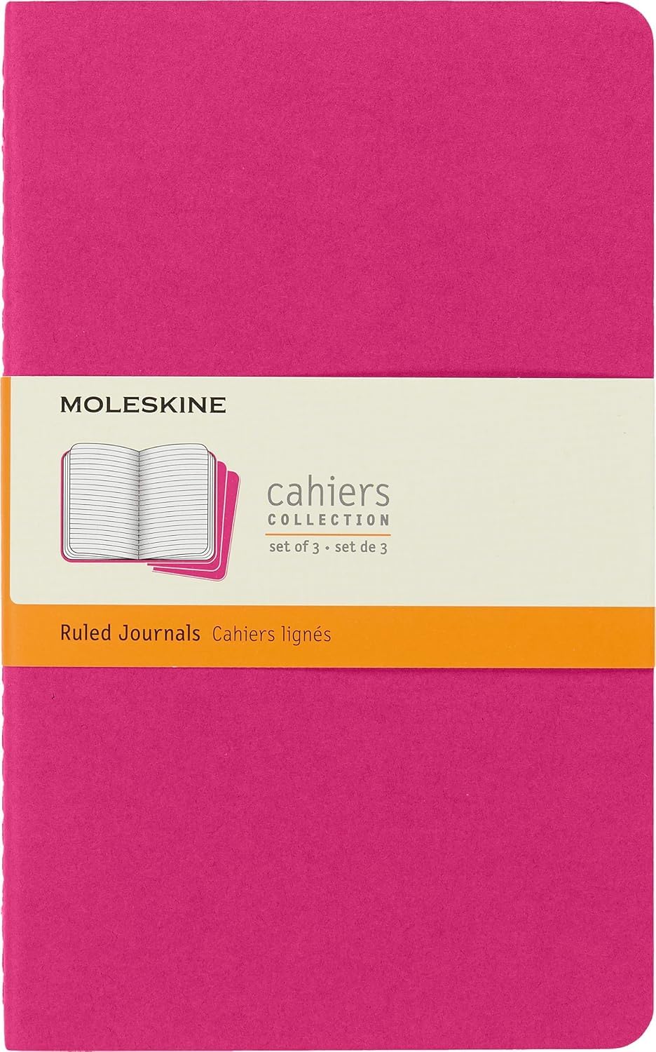 Moleskine Cahier Journal, Set 3 Notebooks with Ruled Pages, Cardboard Cover with Visible Cotton Stiching, Colour Kinetic Pink, Large 13 x 21 cm, 80 Pages