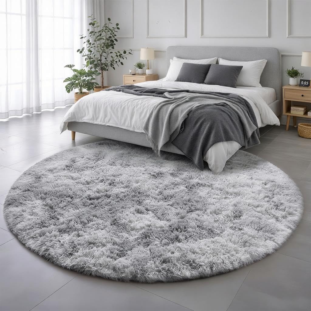Amdrebio Tie-Dyed Light Grey Round Area Rugs for Living Room, 6x6 Ft, Soft Large Circle Rugs for Bedroom, Big Shag Fluffy Fuzzy Carpet for Kids Room, Modern Floor Circular Rug, Furry Farmhouse Rug Image