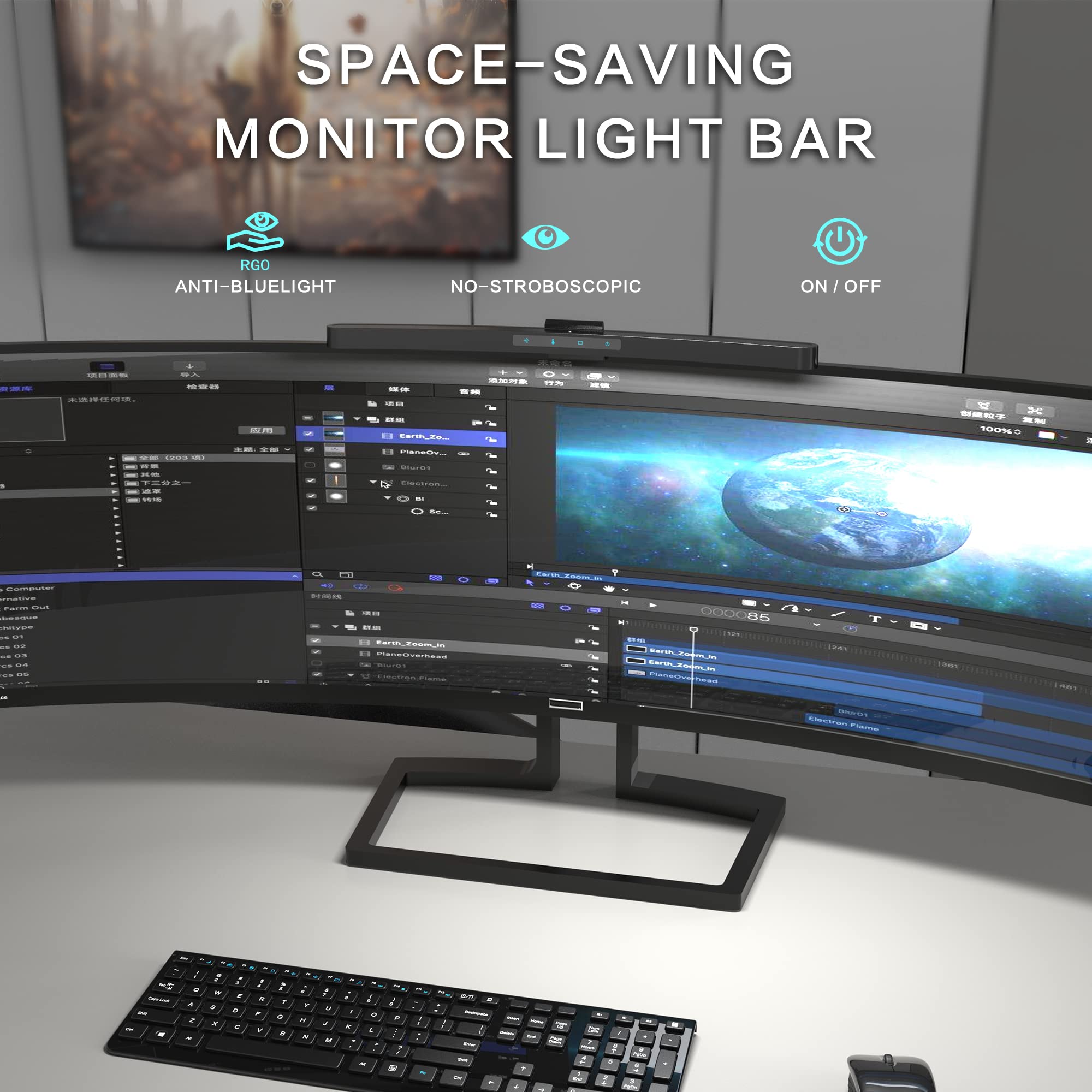 ONWAY Curved Monitor Light Bar with Wireless Remote,Monitor Light Bar with Auto-Dimming and Camera Base,Applicable to All Screens. No Screen Glare,for (Basic)