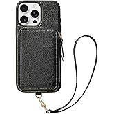 ZVE for iPhone 15 Pro Max Wallet Case with Card Holder Wrist Strap, RFID Blocking Zipper Leather Cover for Women for iPhone 15 Pro Max, 6.7"(2023) - Black
