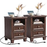 SAVOR LIFE Farmhouse Nightstand Set of 2 with Charging Station, Walnut | End Tables Bedroom with 2 Drawers, Traditional Night Stand with Open Shelf &amp; Thickened Top &amp; Square Wooden Legs