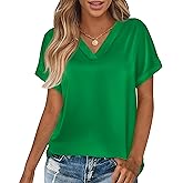 MASCOMODA Womens V Neck Silk Satin Tops Dressy Short Sleeve Work Blouses Spring Summer Loose T Shirts Business Casual Outfits