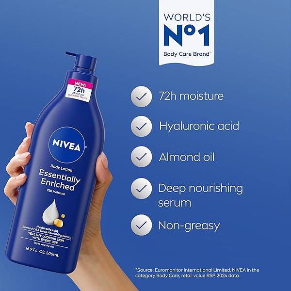 NIVEA ESSENTIALLY ENRICHED BODY LOTION FOR VERY DRY SKIN WITH HYALURONIC ACID, ALMOND OIL AND DEEP NOURISHING SERUM, 72-HOUR BODY MOISTURIZER, 16.9 FL OZ PUMP BOTTLE, PACK OF 2