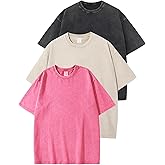 Flygo 3 Pack Men Oversized T Shirts Acid Washed Unisex Tee Loose Fit Short Sleeve Casual Streetwear Baggy Basic Tops(Black+Beige+Rose M)