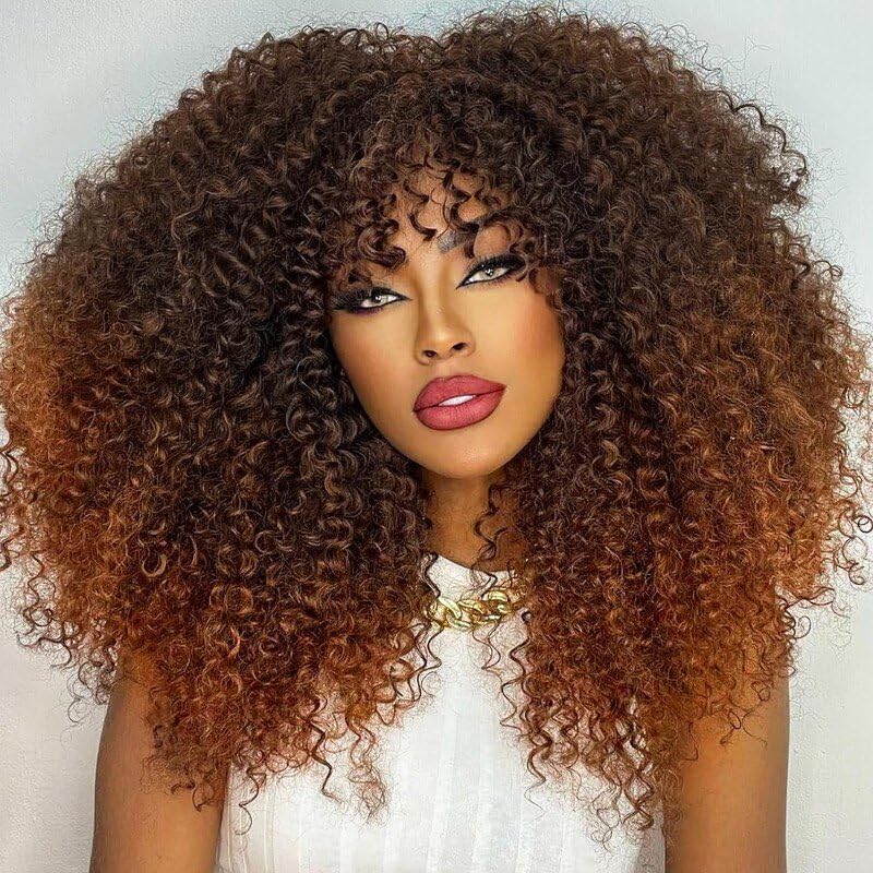 Lizzy Curly Afro Wigs for Black Women 18 Inches Afro Bomb Curly Wig with Bangs Synthetic Fiber Glueless Long Kinky Curly Hair Wigs for Daily Party (Black to Brown)