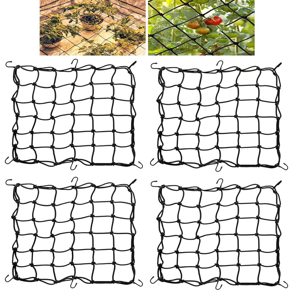 Pack of 4 Plant Press Net Scrog Net 40 x 40 cm Grow Tent Net Plant Support Net Trellis Net Elastic Trellis Net with Hooks Fruit and Vegetables Garden Greenhouse Plant Branch Net