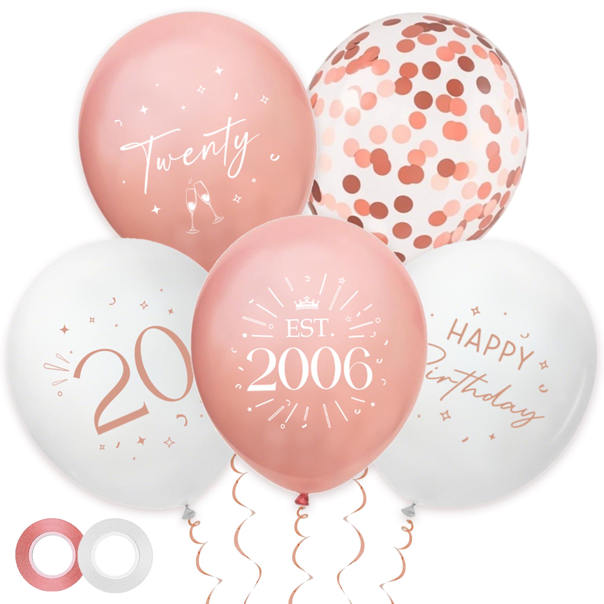 30 Pack 20th Birthday Balloons Decorations - Rose Gold 20 Party Decor for Her Girls Twenty Balloon with Ribbon, Retro Vintage Classic EST. 2006 Happy 20th Birthday Decoration