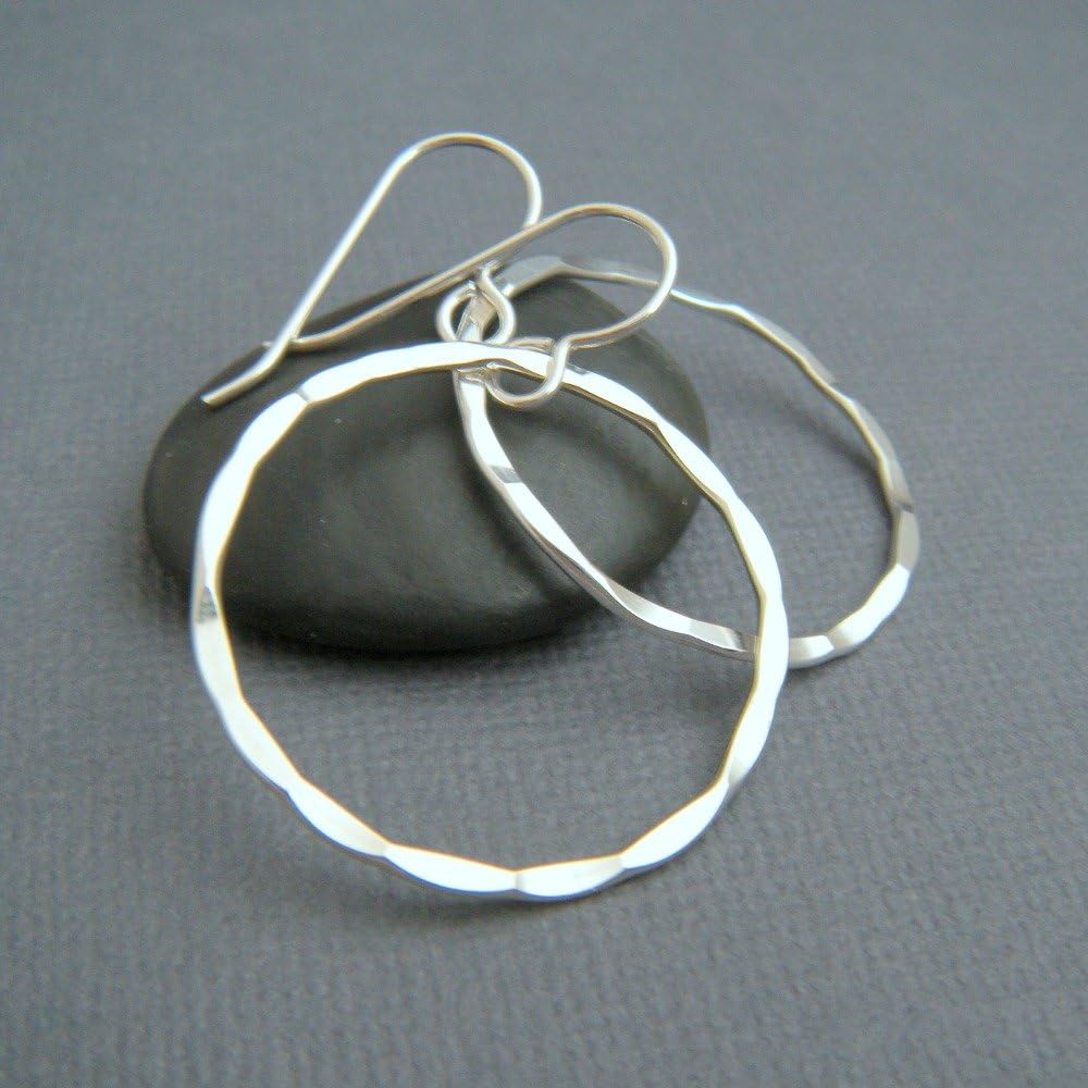sterling silver drop hoop earrings. hammered wavy round circle dangle. classic everyday jewelry. 1 1/8 inch