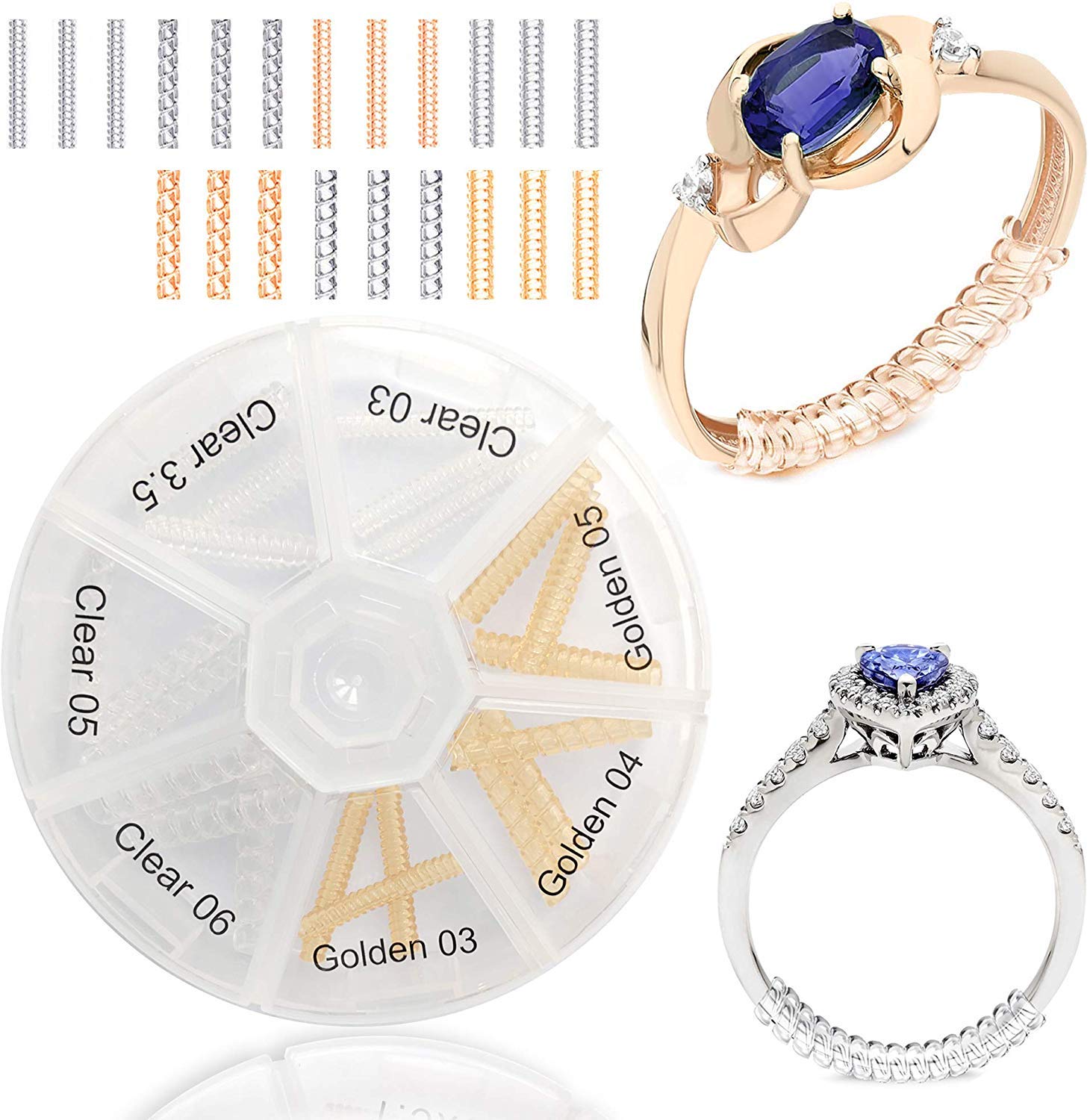 Ontaryon Assorted Ring Size Adjuster for Loose Rings - Reducer to Make Ring Smaller - Invisible Clip Guard Resizer - Pack of 21pcs, 7 Styles - Golden and Clear Sizers - Ideal for Silver and Gold
