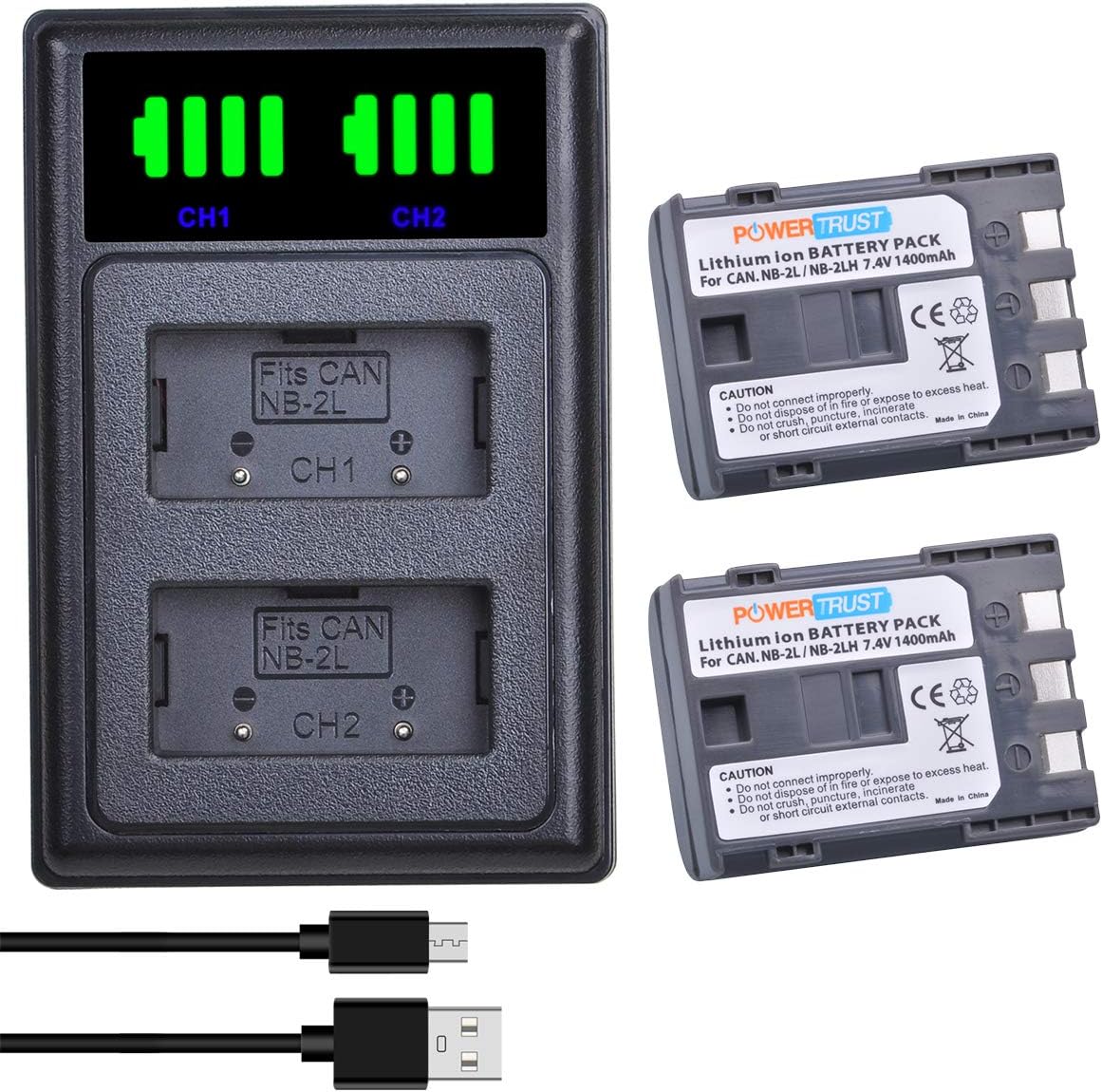 PowerTrust 2pcs NB-2LH NB-2L Battery and Charger for Canon EOS 350D 400D, PowerShot G7 G9 S80 S70, LEGRIA HF R10, R16, R18