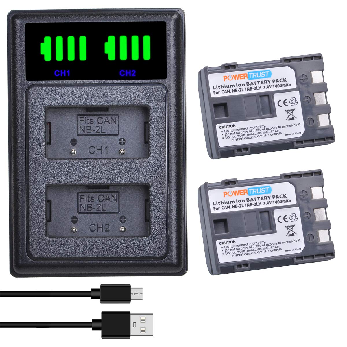 PowerTrust 2pcs NB-2LH NB-2L Battery and Charger for Canon EOS 350D 400D, PowerShot G7 G9 S80 S70, LEGRIA HF R10, R16, R18, ELURA 50 60 65 70