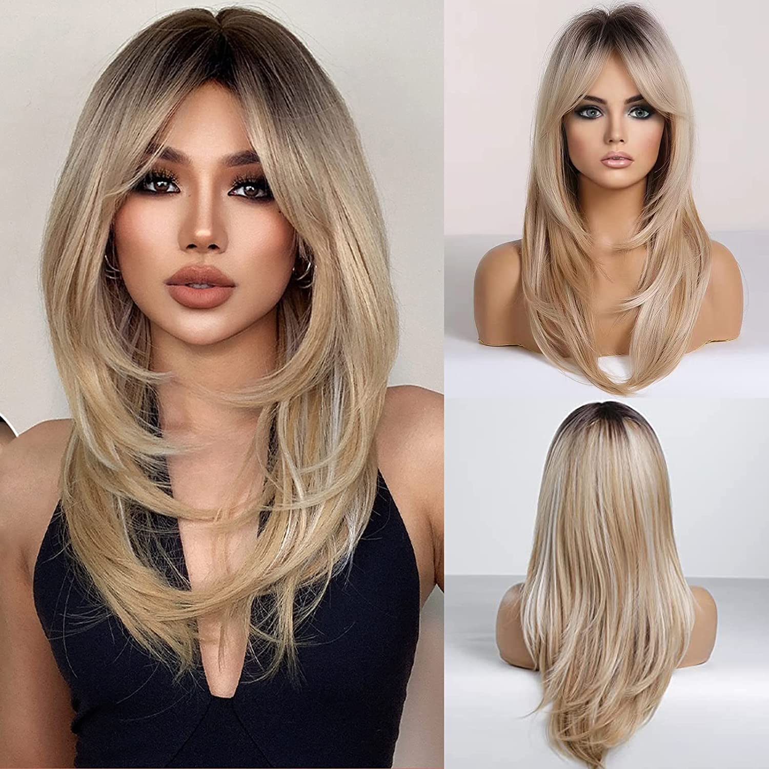 EMMOR Ombre Blonde Wigs for Women Long Curly Heat Resistant Synthetic Fibre Wigs with Fringe