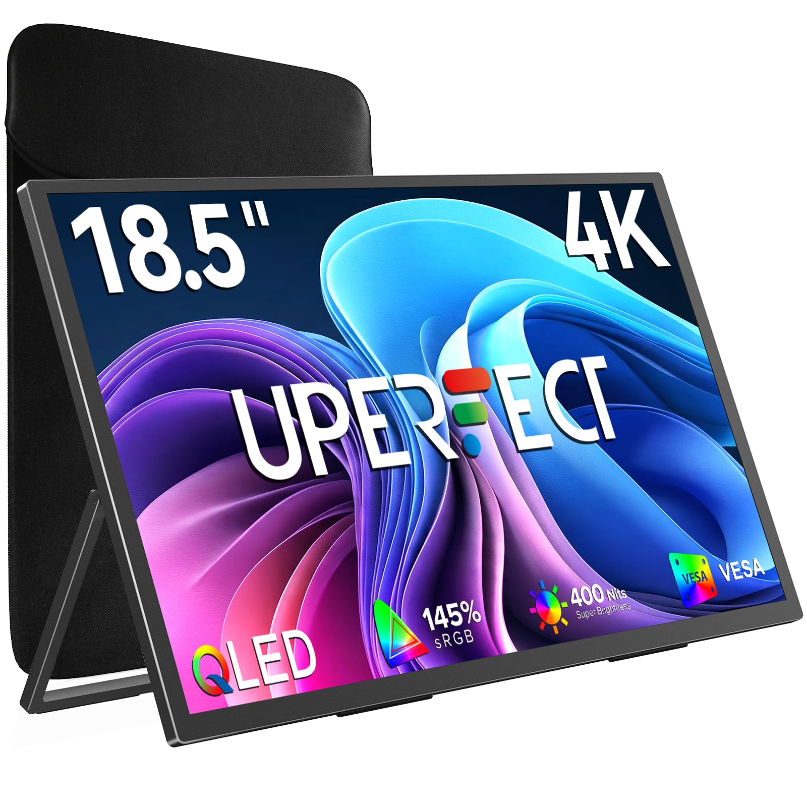 UPERFECT Portable Monitor 4K 60Hz 18.5", 145% sRGB QLED Laptop Monitor, 400 Nits Ultra-Slim Monitor, USB-C & HDMI, VESA & Case, Travel Second Screen for Laptop, Computer, Mini PC, Game Consoles Image