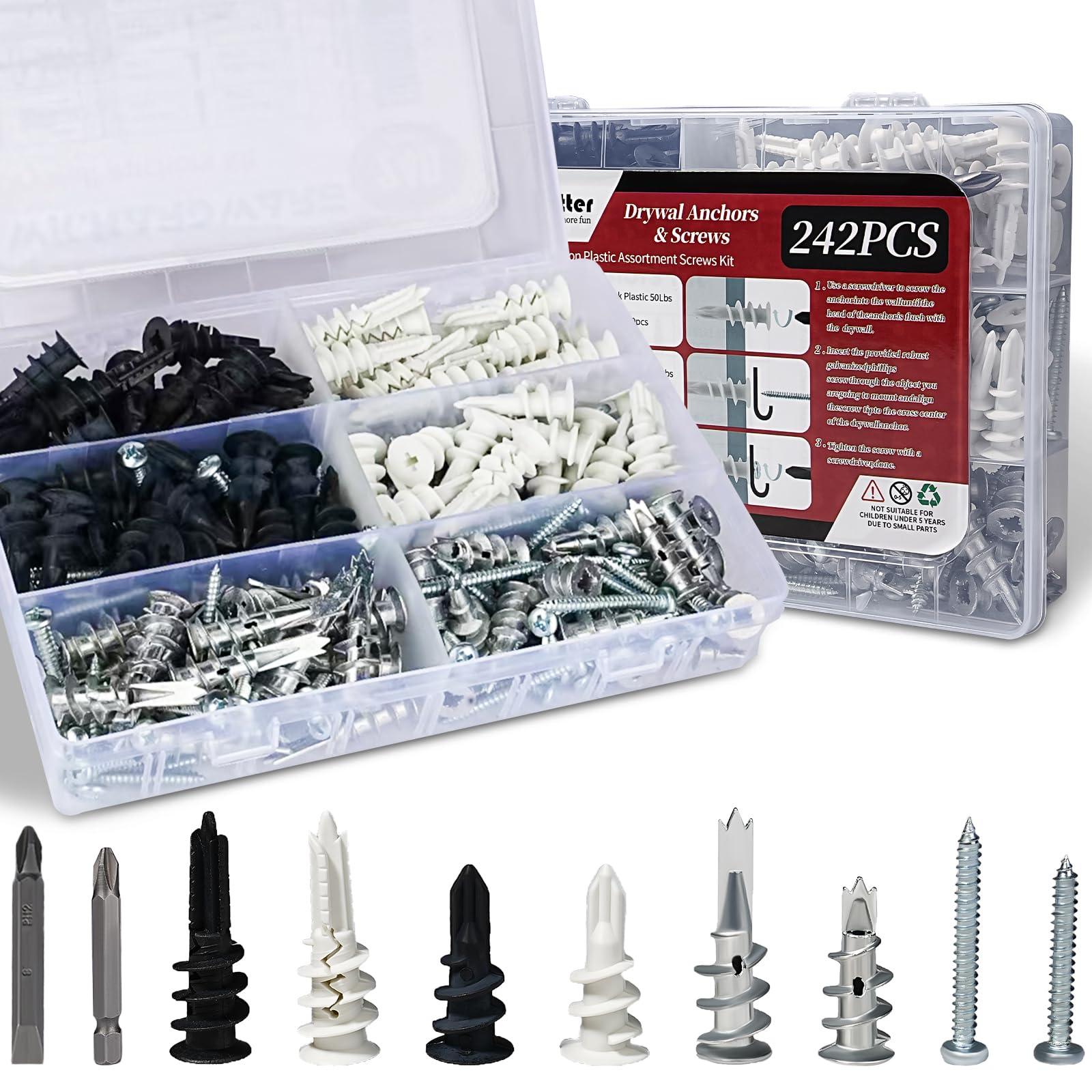 Photo 1 of 240Pcs #8 Self Drilling Drywall Anchors Kit, Nylon Plastic Hollow Wall Anchors with Screws, No Pre-Drilling Required, Holds Up to 75lbs (120 Anchors + 120 Screws)
