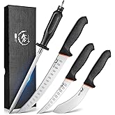 Golden Bird Butcher Knife Set - 4 Piece Professional BBQ Knife Set Include 6" Boning, 6" Skinning, 10" Butcher Breaking Knives & 8" Sharpener Rod, Christmas Gifts for Men Women