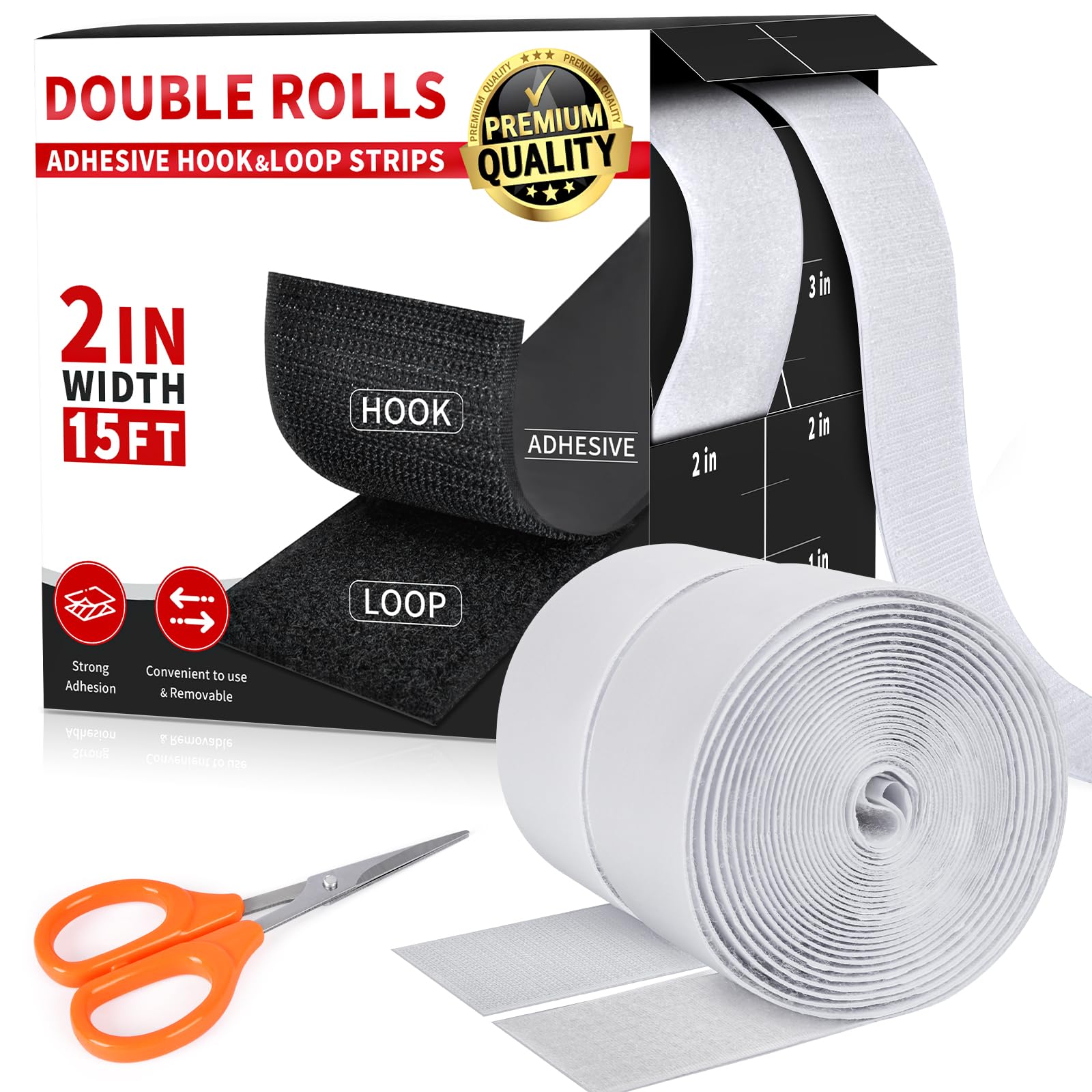 Photo 1 of 2 Inch x 15Ft Hook and Loop Strips with Adhesive, Double Sided Self Adhesive, Nylon Self Tape for Home Office School and Crafting (White, 2 in x 15Ft)