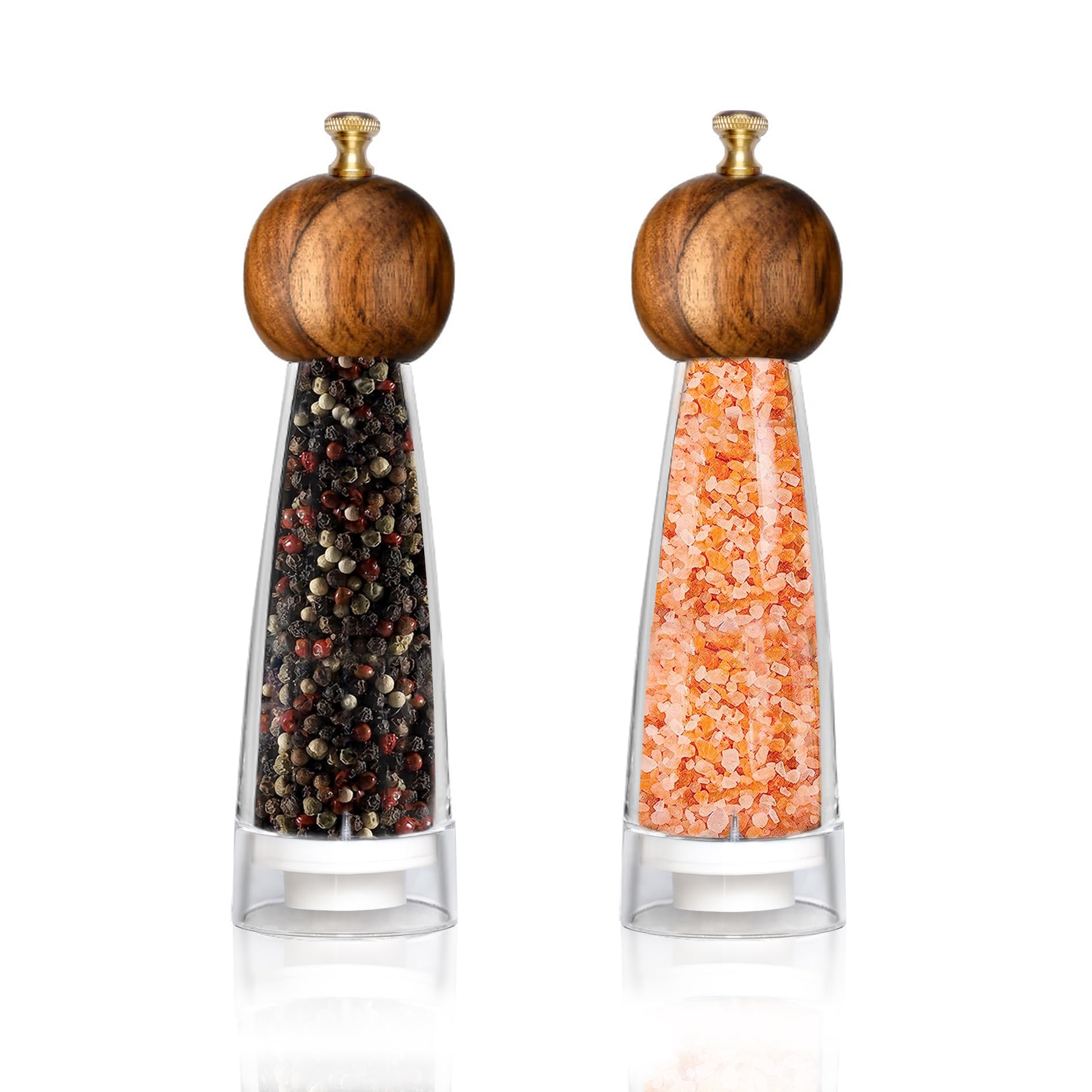 VEIZIBEE Classic Manual Acrylic Transparent Pepper Grinder & Salt Mills 2Pcs 8in，Solid Wood Hand Shaker Rotor Pepper & Salt Grinder ，Ceramic Core with Adjustable Coarse Mill for Fresh Various Spices