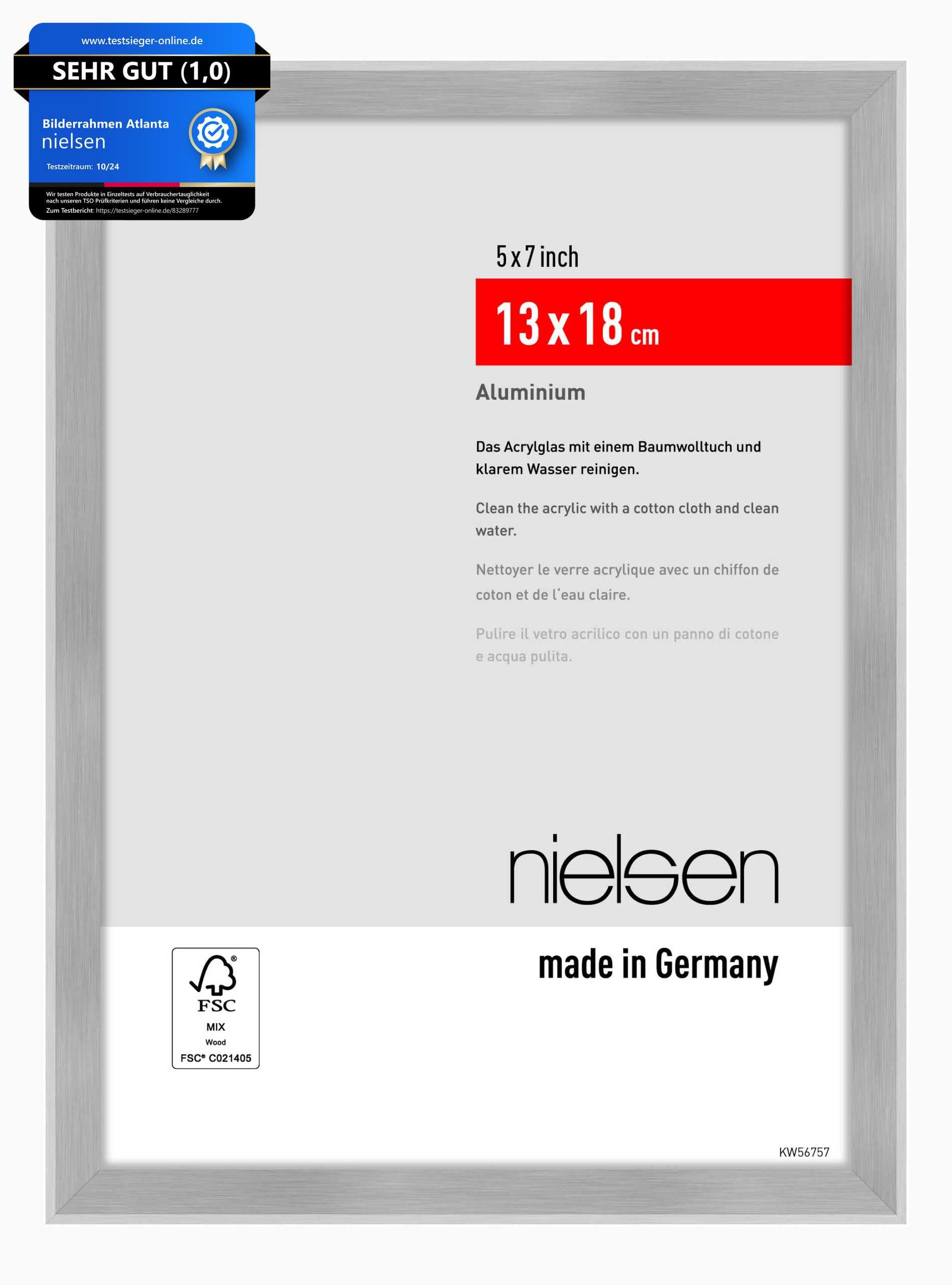 nielsen Atlanta Aluminium Picture Frame - Brushed Silver 5x7in, 13x18cm - with Synthetic Glass and Push-Turn Clips