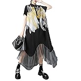 ellazhu Women's Dress Printed Short Sleeve Button Up Patchwork Tulle Irregular Hem Fashion Casual Plus Size GZ591 A
