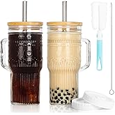 JunVpic Glass Cups with Bamboo Lids and Straws, 24oz Glass Tumbler with Handle, Stainless Steel Straws & Cleaning Brushes – Boho Pattern Iced Coffee Cup for Smoothies, Tea, and Gifts, Set of 2