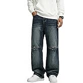 EMMIOL Men's Baggy Jeans, Y2K Straight Leg Denim Pants, Loose Fit Skater Ripped Vintage Relaxed Long Streetwear