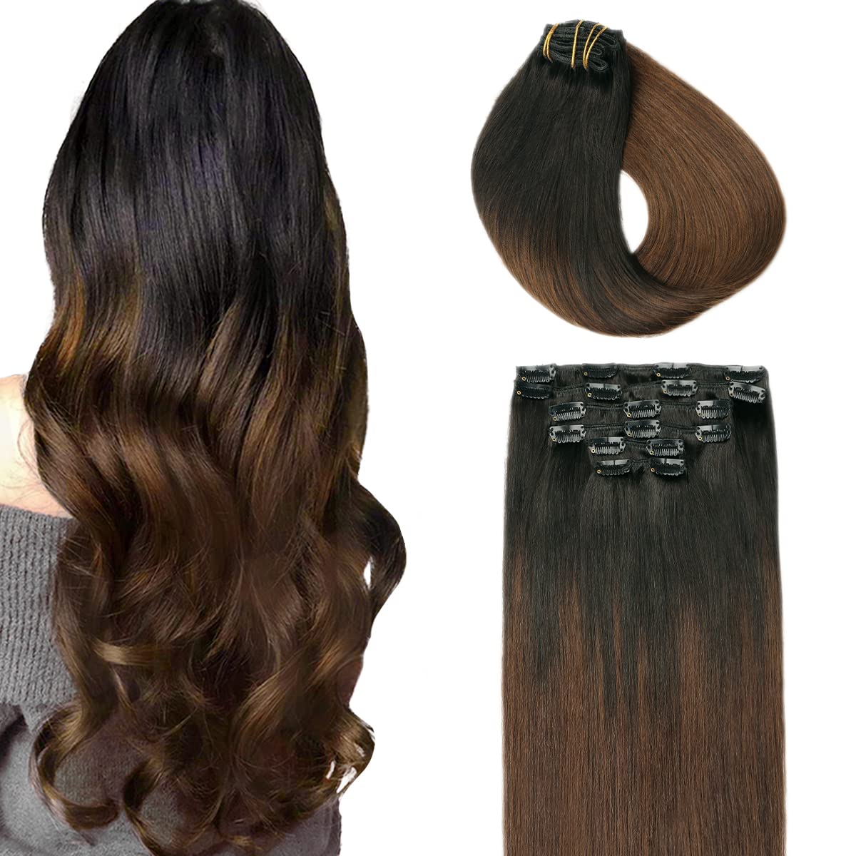 SURNEL Clip in Hair Extensions Remy Human Hair Color 1B Natural Black Fading to 4 Middle Brown 14 inch 100 Gram 6 Pcs Soft Clip in Real Human Hair Extensions for Women Thick End (C#1BT4,14'') — image 1