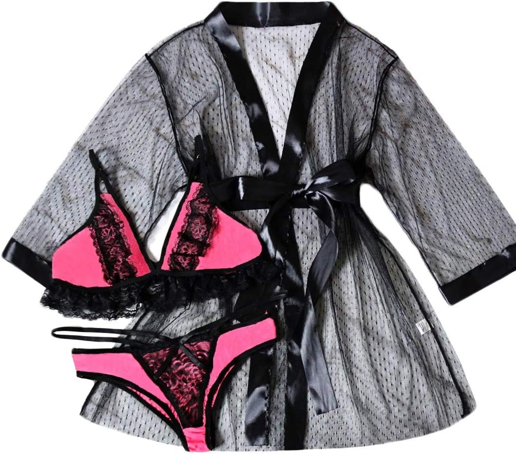 Goosun Women's Lace Kimono Robe Babydoll Lingerie Mesh Nightgown 3 Pieces Sexy Lace Lingerie Night Dressing Robe Chemises Bra +Thong +Robe Sleepwear Plus Size Lingerie