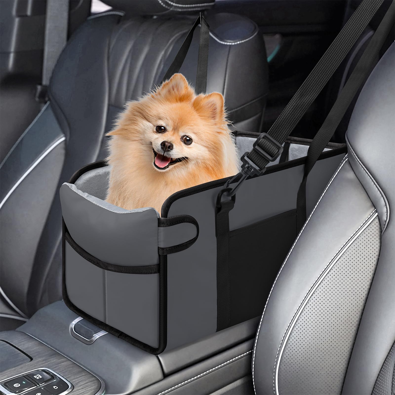Photo 1 of Portable Dog Car Seat for Small Dogs - Adjustable Safety Leash, Washable Cushion & Storage Pocket - Pet Booster Seat for Car Travel- Grey