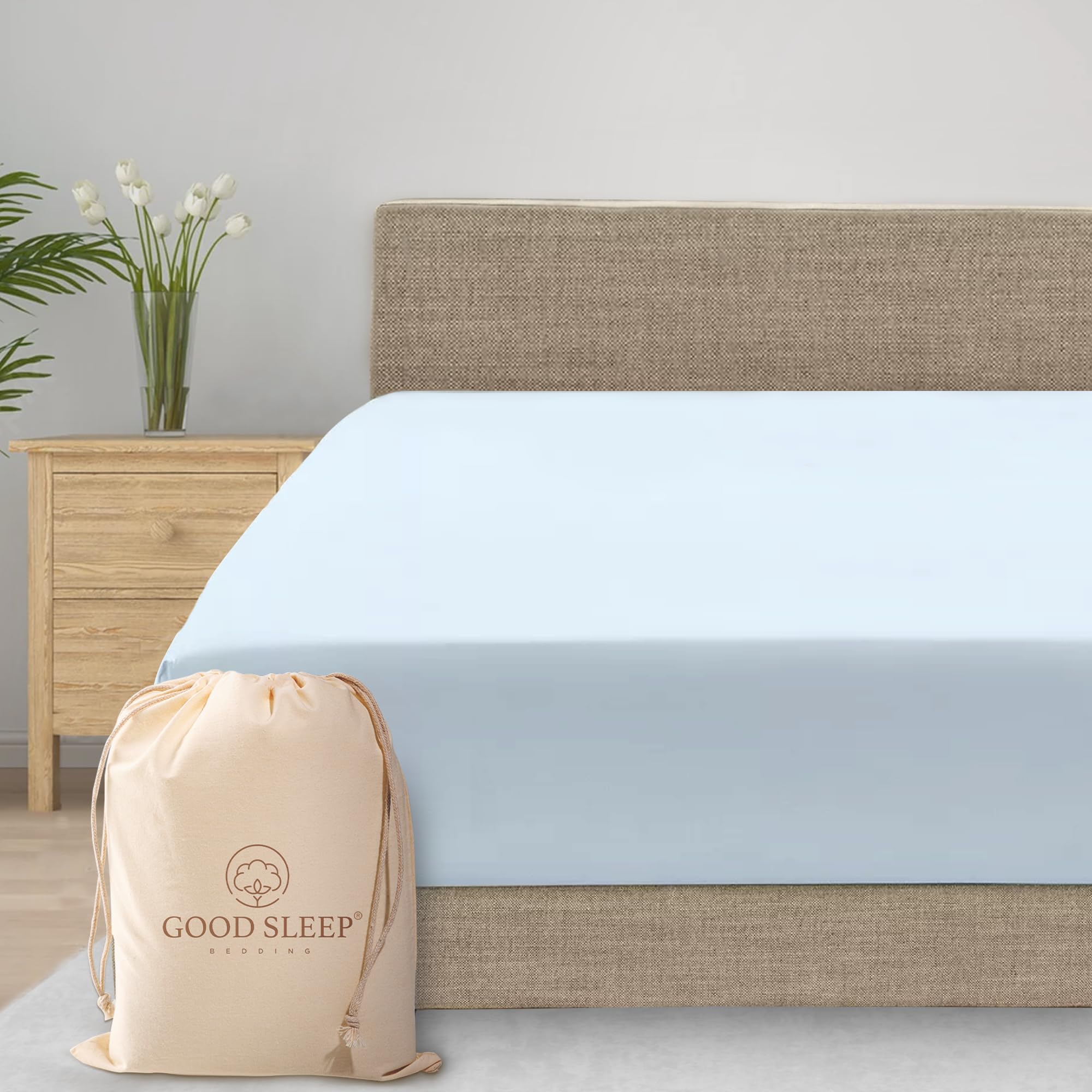 Good Sleep Bedding Luxury 100% Egyptian Cotton Fitted Sheet, King Size, Light Blue, 1000 TC, 41cm/16" Deep, Sateen Weave