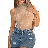 SHENHE Women's Rhinestone Sequin Mesh Sparkly Crop Tank Top Mock Neck Sheer Sexy Top