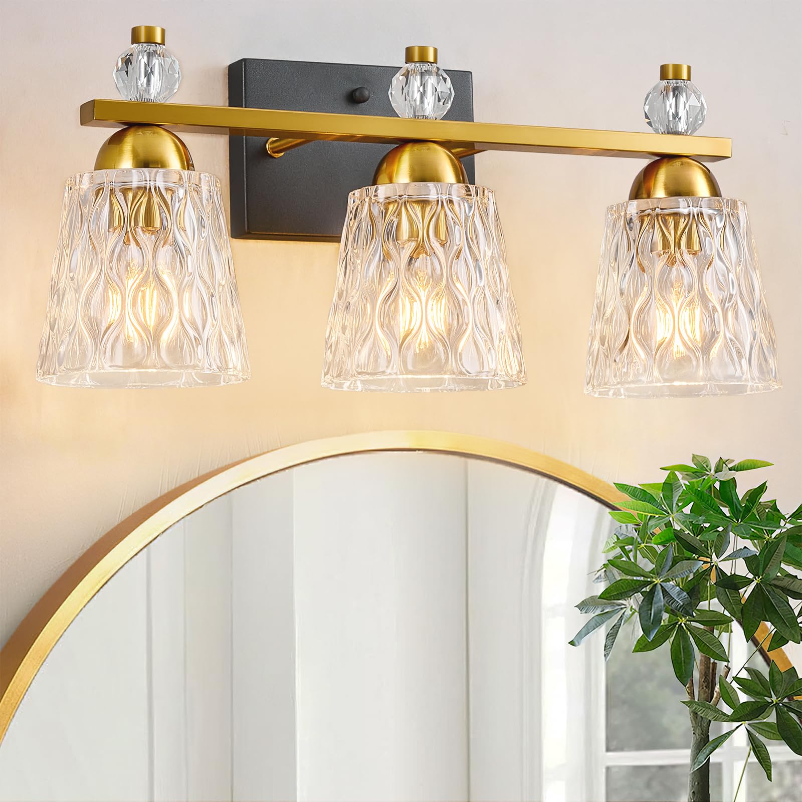 Photo 1 of BNHHLZ 3 Light Bathroom Vanity Light, Black Gold Bathroom Light Fixtures with Textured Glass Shades Modern Vanity Lighting Wall Mount Over Mirror