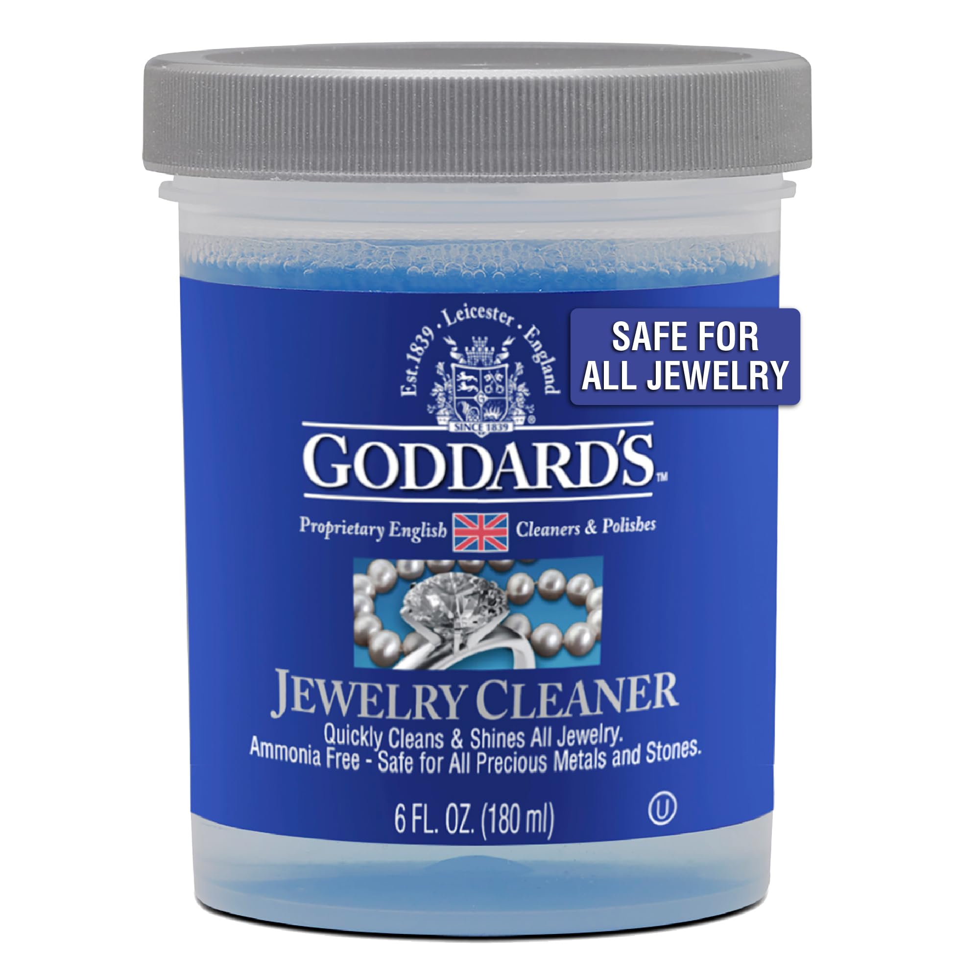 Goddardโs Jewelry Cleaner Solution 180ml โ Ammonia-Free Cleaning Liquid for Gold, Silver, Diamonds, Pearls, Gemstones โ Safe for All Metals โ Ring, Necklace, Watch, Earring & Bracelet Cleaner