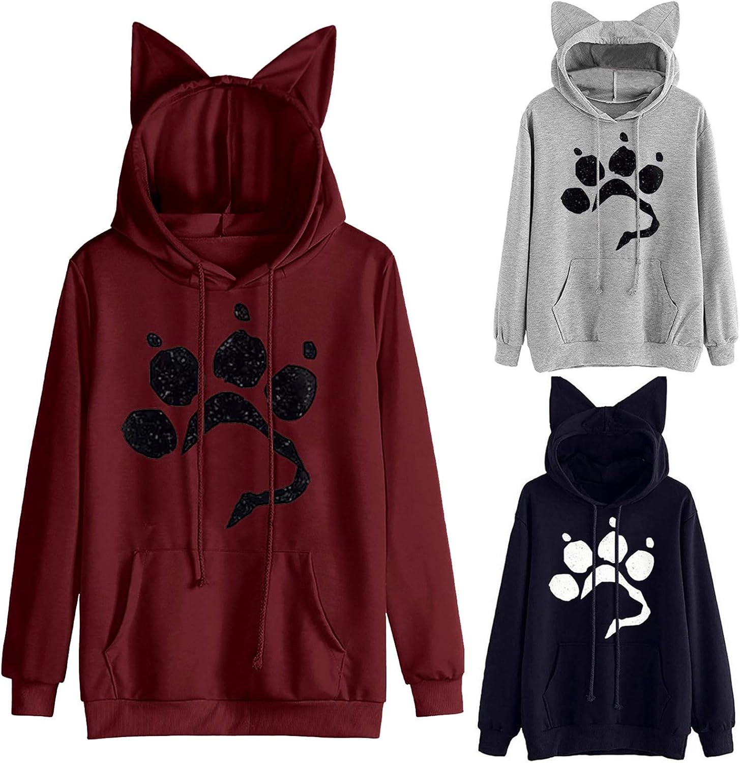 Women Casual Cat Ear Hoodies Sweatshirt Cat Paw Print Long