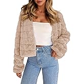 Fisoew Womens Cropped Faux Fur Jackets Long Sleeve Open Front Fluffy Short Coats