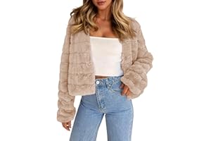 Fisoew Womens Cropped Faux Fur Jackets Long Sleeve Open Front Fluffy Short Coats