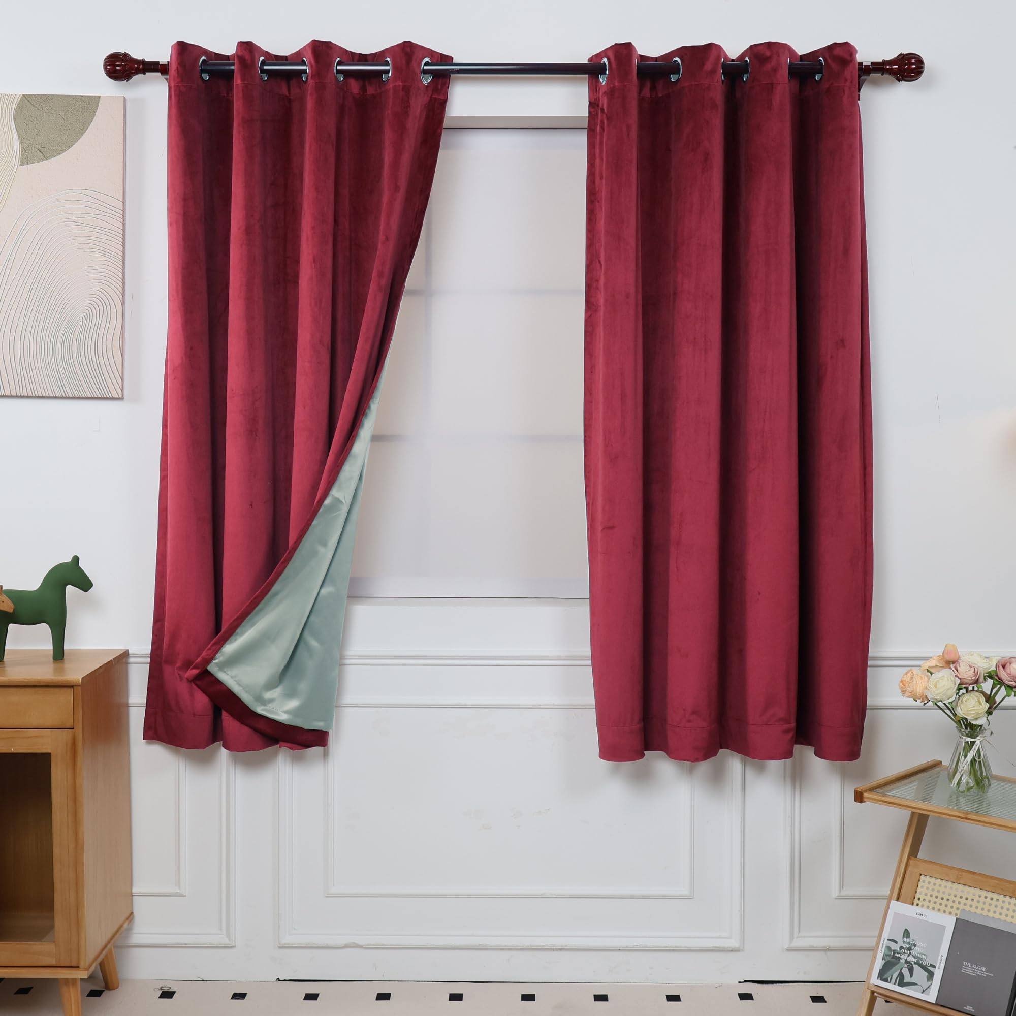 Photo 1 of INLINAS Velvet Blackout Curtain - Luxurious Softness with Light Control, Thermal Insulated, Noise Reduction, Energy Saving Set of 2 Panels, Burgundy, 52W x 63L Inch