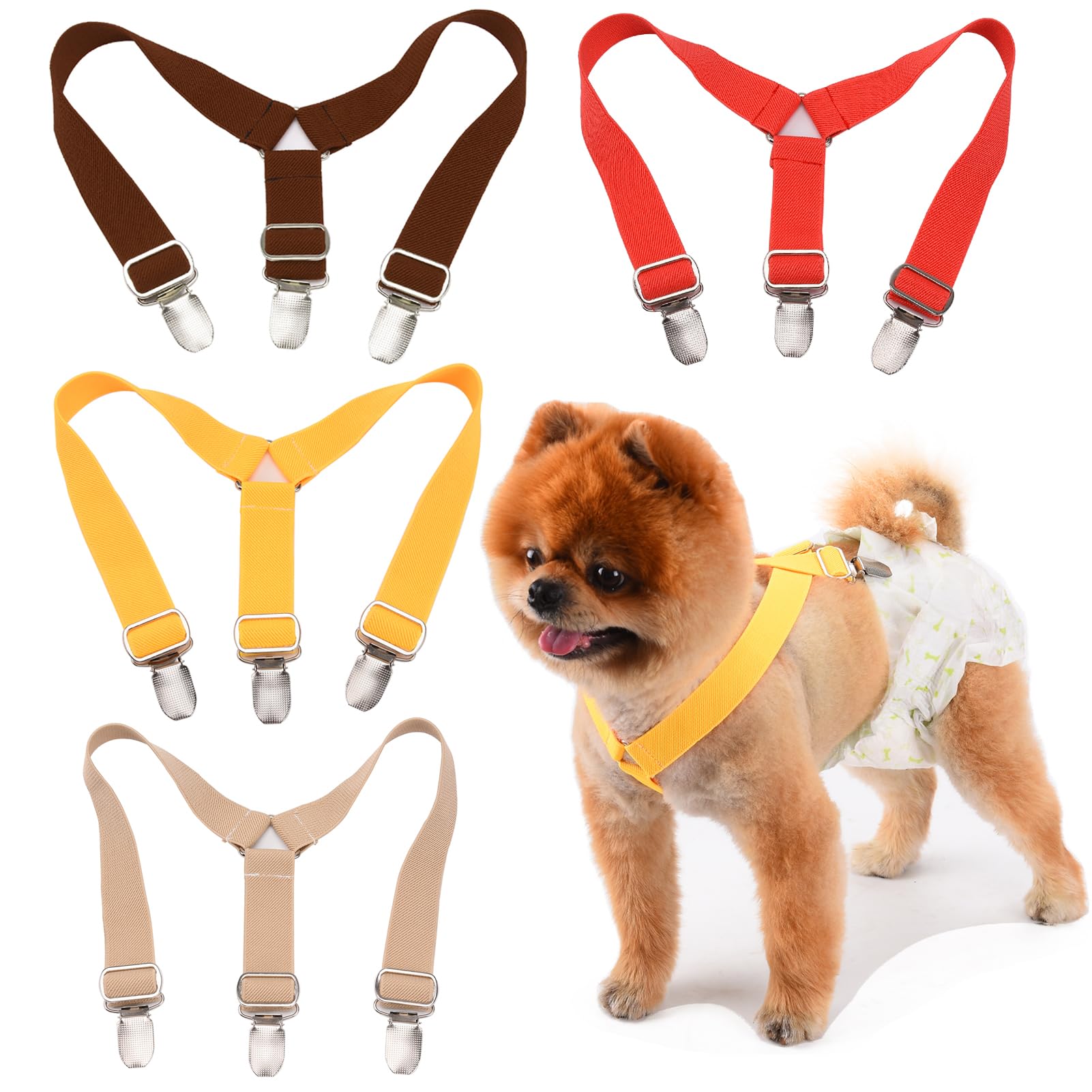 TESSVEYA Pack of 4 Dog Nappy Suspenders, Dog Nappies Suspenders Belly Bands Dog Harness Keep Nappy on Your Dog for Small, Medium and Large Dogs (Yellow & Brown, L)