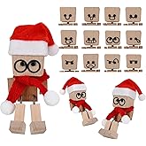 PTHMYUN Shaking Wooden Man Figurine, Handmade Shaking Feet Woodens Doll with 12PCS Magnetic Expressions, DIY Car Ornament Desktop Decor, Creative Gift (Wish Christmas hat)