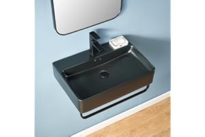 VALISY Wall Mounted Sink Black with Towel Rack, 24"x16" Vessel Sink Rectangle, Wall Mount Floating Bathroom Sinks Wall Hung Porcelain Ceramic Modern Sink With Single Faucet Hole and Overflow