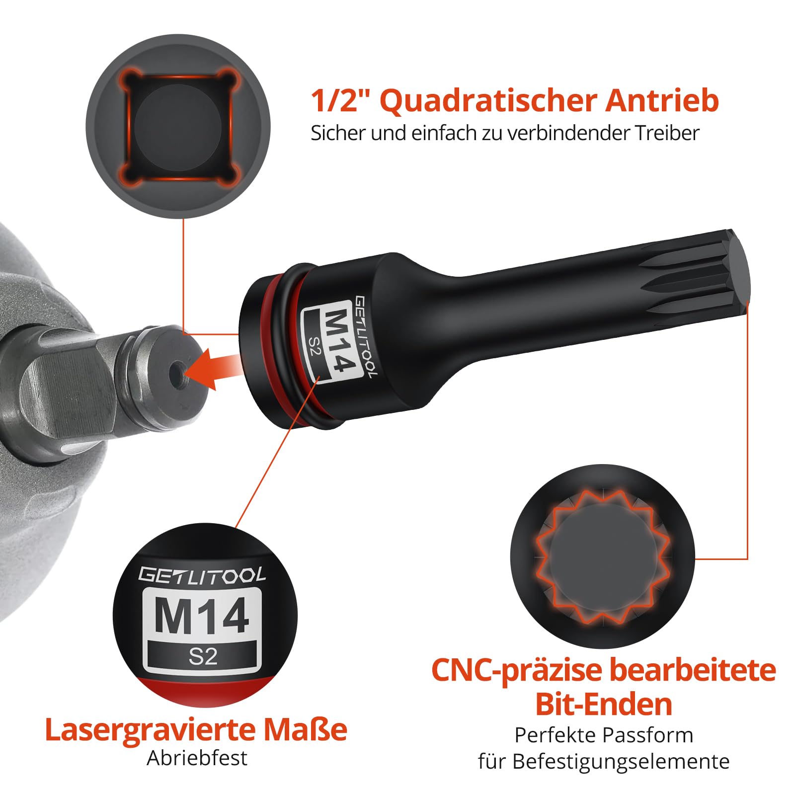 GETLITOOL 1/2" Kraft Vielzahn Bit Steckschlüssel Satz, 10tlg S2-Stahl Kraft XZN Bit Einsatz Satz M5-M18, Länge 78 mm Vielzahn Kraft Schlagschrauber Nüsse Satz Innenvielzahn für XZN 4