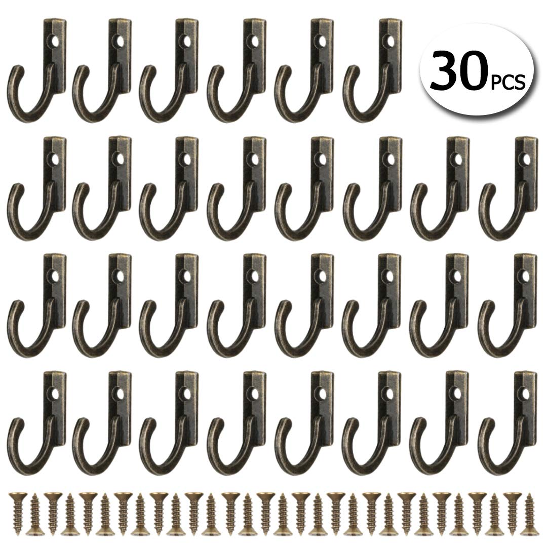 UIEEGPG 30 Pieces Small Single Key Hooks Wall Mounted Hanger Hooks Robe Hook with Screws for Decoration((Vintage Bronze)