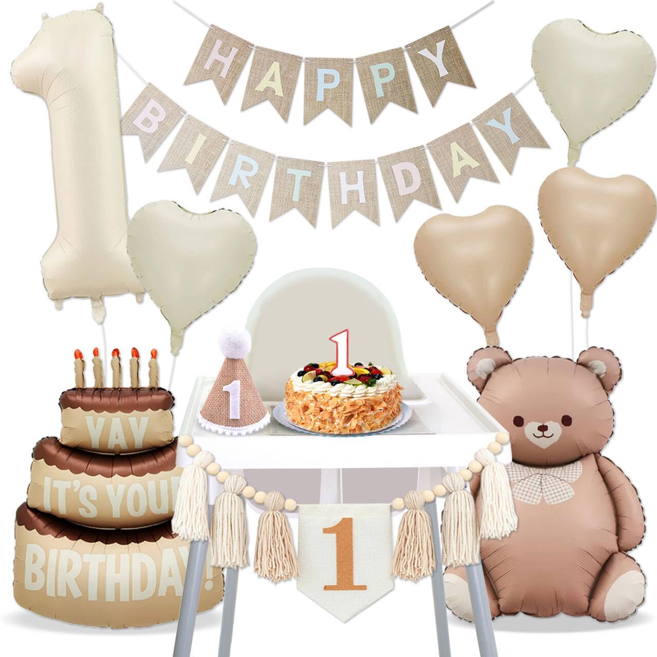 Photo 1 of 1st Birthday Decorations Boho 1st Birthday Highchair Banner for Baby Boy First Birthdays Decoration Handmade Tassel Garland 1st Birthdays Balloons 40 Inch Giant 1 Balloon Bear Balloon Hat Bday Banner