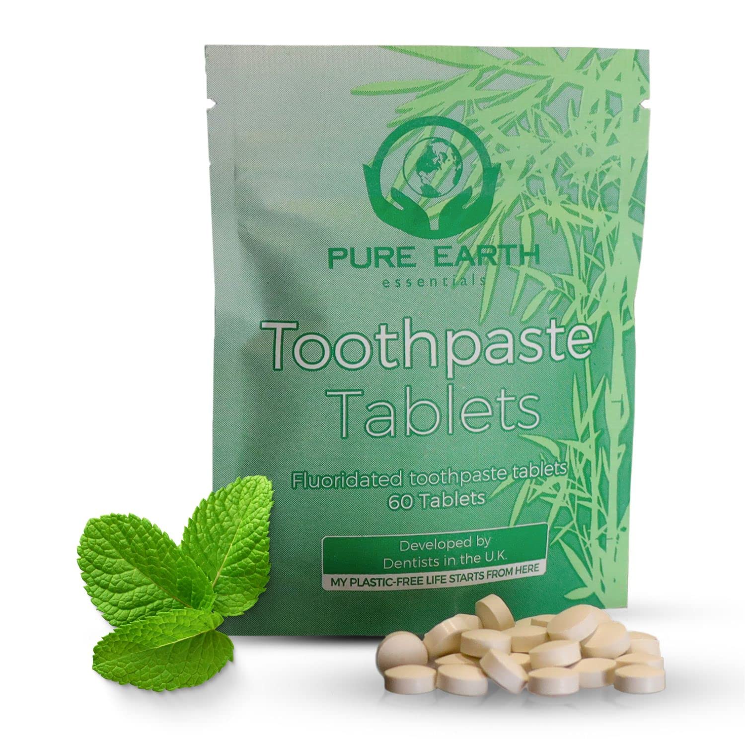 Sustainable Toothpaste Tablets with Fluoride - Eco Dental Toothpaste Tablets Natural Mint Flavor Zero Waste Toothpaste for Fresh Breath - 60 Count Toothpaste Tablets Vegan by Pure Earth Essentials