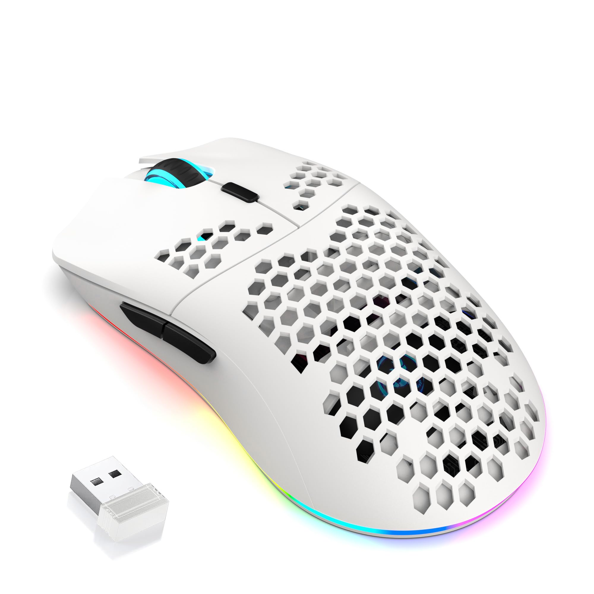 FREEWOLF X HXSJ T66 Wireless Gaming Mouse Tri-Mode Superlight Honeycomb Design PAW3212 3600DPI Sensor 1000Hz Polling Rate Bluetooth/2.4Ghz/Wired Ergonomic PC Mice RGB Light Programmable Buttons-White